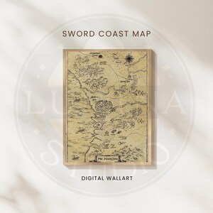 May include: A framed map of the Sword Coast, with detailed illustrations of landscapes, rivers, and settlements. The map is printed on aged paper, with the text "SWORD COAST MAP" and "DIGITAL WALLART" displayed.