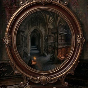 May include: An oval mirror with a dark brown, ornate frame, displaying a gothic library interior. The mirror is decorated with intricate carvings. A compass, keys, and a rolled scroll are on the table in front. The scene is dark and mysterious.