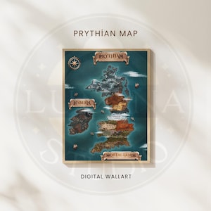 May include: A framed Prythian map digital wall art print. The map features a teal background with landmasses in shades of brown, green, and white. Text includes "Prythian Map", "Hybern", "Winter Court", "Summer Court", and "Mortal Lands".