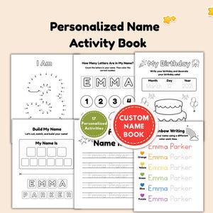 Puede incluir: Un libro de actividades personalizado con varias hojas de trabajo en blanco y negro que incluyen tareas como unir puntos, contar letras, registrar cumpleaños y trazar nombres. Se muestra el nombre Emma Parker y dos insignias circulares.