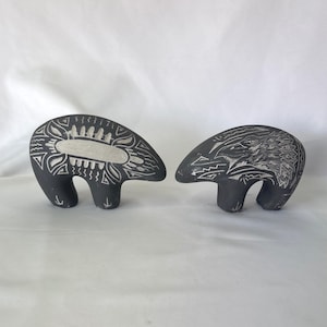 Set of 2 Etched Black Pottery Bear Figurines Southwestern Eagle Ram Sgraffito