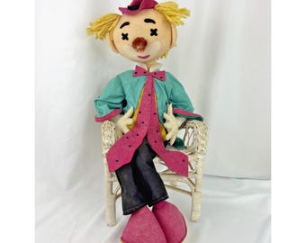 Vintage Clown Poseable Felt Hobo Doll Stuffed 26" Tall