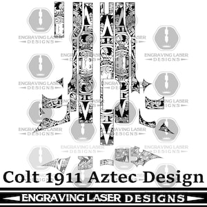 Könnte beinhalten: Schwarz-weißes Azteken-Design für eine Colt 1911. Das Design zeigt komplizierte Muster und Formen, mit dem Text "Colt 1911 Aztec Design" am unteren Rand. Der Text "Engraving Laser Designs" ist ebenfalls enthalten.