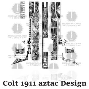 Könnte beinhalten: Schwarz-weißes Azteken-Design für eine Colt 1911. Das Design zeigt komplizierte Muster und Formen, darunter geometrische Formen, Gesichter und Symbole. Der Text "Colt 1911 aztac Design" befindet sich am unteren Rand des Bildes.
