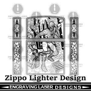 May include: Monochrome Zippo lighter design depicting Spider-Man in a cityscape setting. The design incorporates spiderweb motifs. Text at the bottom reads "Zippo Lighter Design" and "Engraving Laser Designs."
