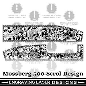 Puede incluir: Diseño de desplazamiento en blanco y negro para un Mossberg 500. El diseño presenta intrincados patrones florales y de remolinos. El texto "Mossberg 500 Scroll Design" está en la parte inferior, con "Engraving Laser Designs" arriba y abajo.