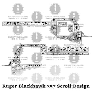 Könnte beinhalten: Schwarz-weißes Scroll-Design für eine Ruger Blackhawk 357. Das Design umfasst detaillierte florale Muster und den Text "Engraving Laser Designs". Der Text "Ruger Blackhawk 357 Scroll Design" ist ebenfalls vorhanden.
