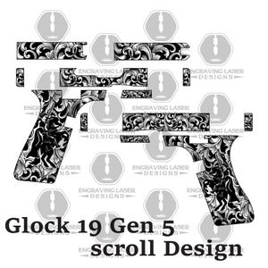 May include: Black and white scroll design for a Glock 19 Gen 5. The design features intricate floral patterns and a silhouette of a figure on horseback. The text "Glock 19 Gen 5 scroll Design" is at the bottom.