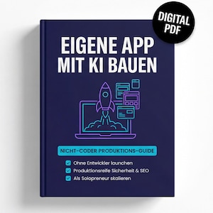 Op de afbeelding: Een digitale PDF-boek met een donkerblauwe omslag. De titel "EIGENE APP MIT KI BAUEN" staat in het wit, met een afbeelding van een raket die vanaf een laptop wordt gelanceerd. Het boek bevat de tekst "DIGITAL PDF" en "NICHT-CODER PRODUKTIONS-GUIDE".