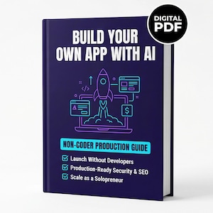 Puede incluir: Un libro titulado "Build Your Own App With AI" con un gráfico de un cohete que se lanza desde una computadora portátil. La portada también incluye el texto "Non-Coder Production Guide" y viñetas sobre el lanzamiento sin desarrolladores, la seguridad y la escalabilidad.