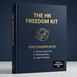 May include: A navy blue book titled "THE HK FREEDOM KIT" with gold lettering and a globe and paper airplane graphic. The book includes "REMOTE BUSINESS SETUP" and a list of features. A digital download PDF is available.