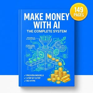 Puede incluir: Un libro azul titulado "MAKE MONEY WITH AI" con el subtítulo "THE COMPLETE SYSTEM." La portada presenta una ilustración de un sistema de procesamiento de IA con monedas y el texto "149 PAGES." El libro también incluye las frases "PROVEN MODELS", "STEP BY STEP" y "NO HYPE."
