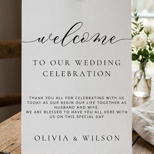 May include: A white wedding sign with the word "welcome" in elegant script. The sign includes the text "TO OUR WEDDING CELEBRATION" and a thank you message. The names "OLIVIA & WILSON" are at the bottom. A gold clip secures the sign.