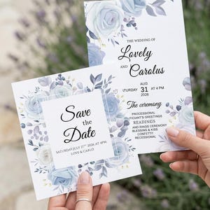 Könnte beinhalten: Zwei Hochzeitseinladungskarten mit einem floralen Design in Blau- und Lilatönen. Die Karten zeigen den Text "Save the Date" und "The Wedding of Lovely and Carolus" mit Datum und Uhrzeit.