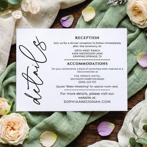 May include: A white invitation card with black script that reads "details" and event information. The card is surrounded by flowers and fabric in shades of green, cream, and purple. The card includes the website SOPHIAANDJONAH.COM.