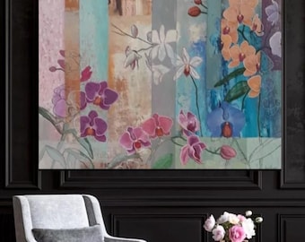 Origineel abstract bloemenschilderij, acryl op canvas, blauw botanisch wandkunstwerk, groot eigentijds kunstwerk voor woonkamerdecoratie