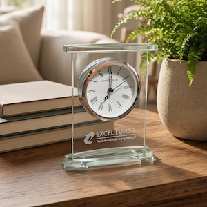 May include: A clear glass mantel clock with a silver-toned circular frame, white dial, and black Roman numerals. The glass panel features the etched text "EXCEL FUNDS" and "The Authority in Emerging Markets" below the clock face.