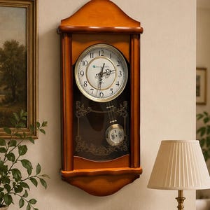 May include: A wall-mounted wooden pendulum clock with a warm brown finish, featuring a circular white clock face with black numerals and ornate hands, positioned above a glass panel with a decorative gold-toned pendulum and floral etching.