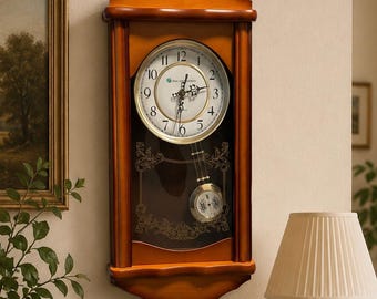 Mid-century Wooden wall Clock with Pendulum – Quartz Movement, Decorative Glass Front