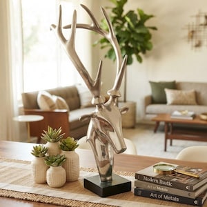 Modern Polished Aluminum Stag Head Sculpture with Antlers - Luxury Tabletop Centerpiece