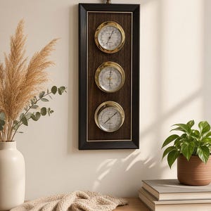 May include: A rectangular wall-mounted weather station featuring a dark wood frame with a gold-toned border. It contains three circular brass-rimmed gauges: a thermometer, a barometer, and a hygrometer, all with white faces and black needles.