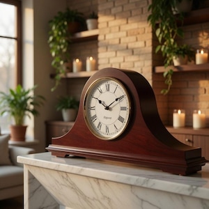 May include: A dark wood mantel clock with a curved top and a gold-toned circular bezel. The clock face is white with black Roman numerals and black hands, featuring the brand name Ridgeway printed in black script in the center of the dial.