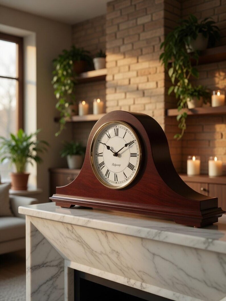 May include: A dark wood mantel clock with a curved top and a gold-toned circular bezel. The clock face is white with black Roman numerals and black hands, featuring the brand name Ridgeway printed in black script in the center of the dial.