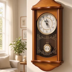 May include: A rectangular wooden wall clock with a warm brown finish, featuring a circular white face with black Arabic numerals, black hands, and a gold-toned pendulum behind a glass panel decorated with gold filigree patterns and the letters R-A.