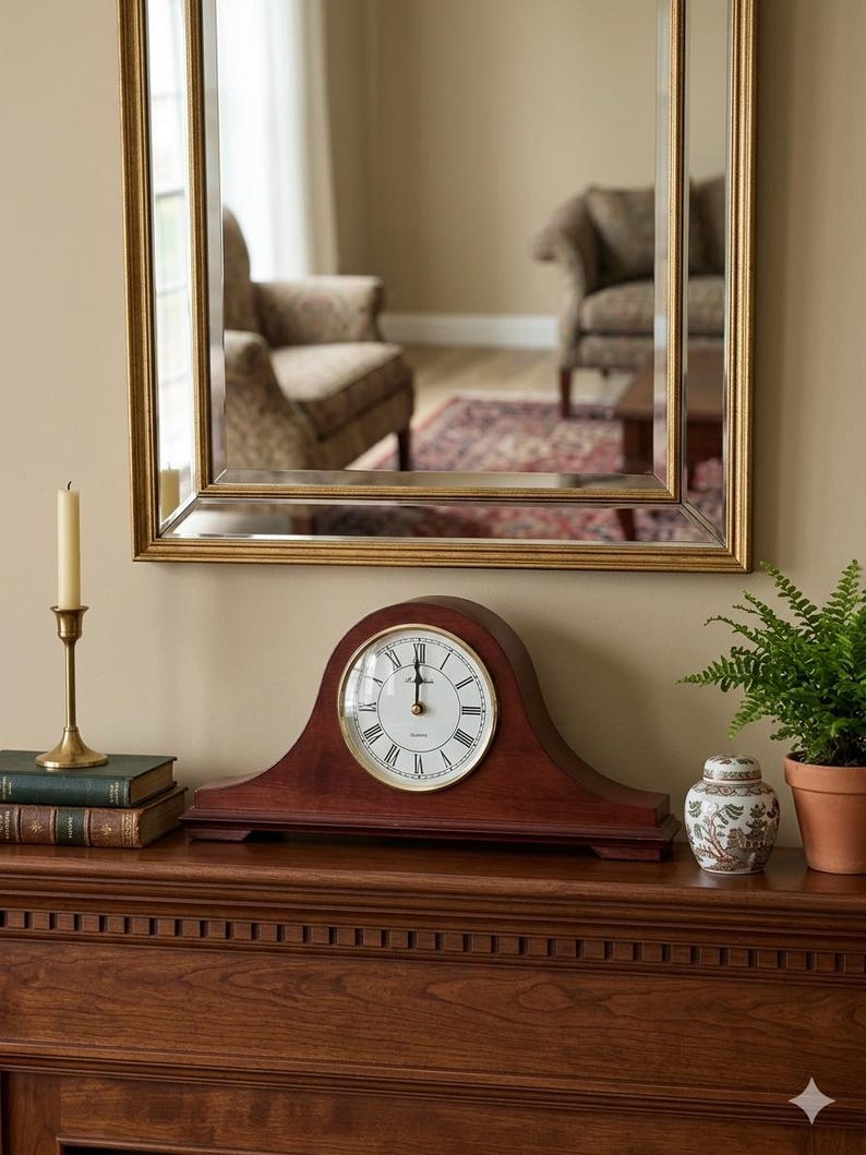May include: A mahogany-colored wooden mantel clock with a rounded top, a white circular face, black Roman numerals, and black hands. The clock is positioned on a wooden surface alongside a brass candlestick, two books, a small patterned jar, and a fern.