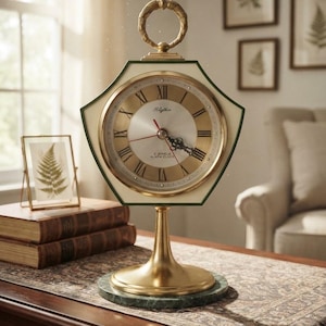 May include: A tabletop alarm clock with a hexagonal cream and dark green frame, a gold-toned face featuring Roman numerals, and the text "Rhythm" and "2 Jewels Alarm Clock". It stands on a gold pedestal base with a circular green marble-like plinth.