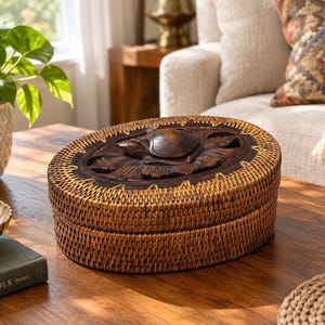 May include: An oval-shaped storage box featuring a woven rattan exterior in a natural light brown tone. The lid is crafted from dark brown wood and displays a detailed, carved relief of a turtle resting on a textured leaf pattern.