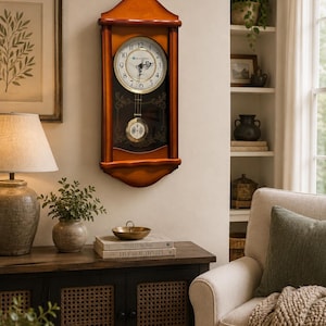 May include: A wooden wall clock with a pendulum, featuring a light-coloured face with black Roman numerals. The clock is encased in a dark wood frame and hangs on a beige wall. The clock is part of a home decor setting.