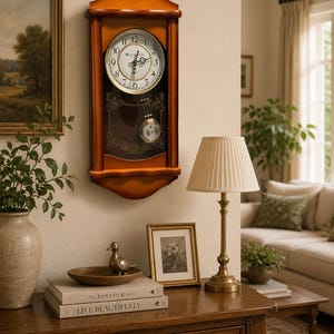 May include: A wooden wall clock with a pendulum is mounted on a cream wall. The clock has a light-coloured face with black numerals and hands. A small table holds a lamp, books, and a framed picture. A vase with greenery and a painting are also visible.