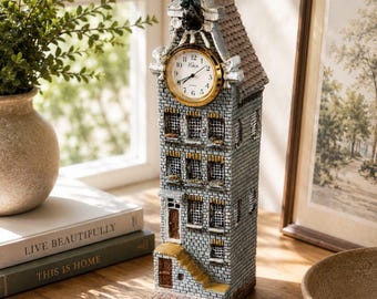 Vintage European Building Mantel Clock, Detailed Brick House Decor - stone tower