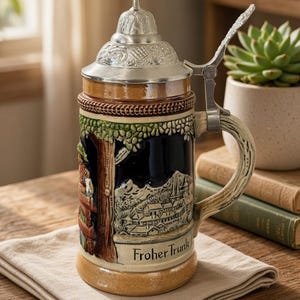 May include: A ceramic beer stein with a hinged metal lid, featuring a relief scene of a village and a tree. The body is dark blue and tan, with the text "Froher Trunk" printed near the base. It has a textured handle and a decorative metal top.