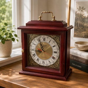 May include: A rectangular, dark wood quartz clock with a gold-coloured face and Roman numerals. The clock has a gold handle and decorative accents. The clock is sitting on a wooden surface.