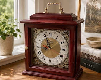 Melville Manor Vintage Red Wooden Mantel Clock - Storage-Brass Handle, Roman Numerals, Quartz Movement