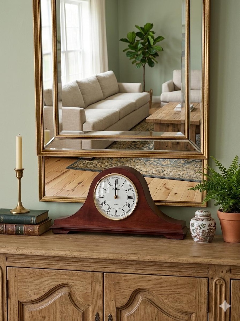 May include: A dark wood mantel clock with an arched top and a white circular face featuring black Roman numerals and gold hands. The clock is positioned on a wooden surface alongside two stacked books, a brass candle holder, and a small plant.