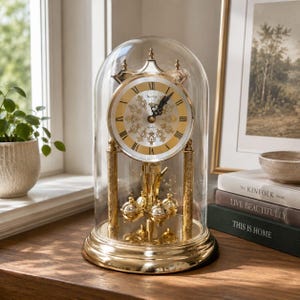 Vintage Heirloom Brass Mantel Clock with Glass Dome & Pendulum - Made in Germany