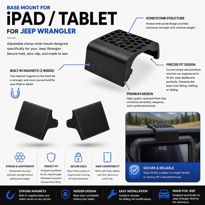 K&ouml;nnte beinhalten: Eine schwarze Tablet-Halterung f&uuml;r das Armaturenbrett eines Jeep Wrangler mit wabenf&ouml;rmiger Oberseite, integrierten Magneten und gebogenem Klemmdesign. Die Halterung wird aus verschiedenen Blickwinkeln gezeigt, inklusive einer Ansicht im Fahrzeug.