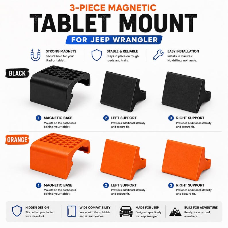 K&ouml;nnte beinhalten: Eine 3-teilige magnetische Tablethalterung f&uuml;r Jeep Wrangler, erh&auml;ltlich in Schwarz oder Orange. Das Set enth&auml;lt eine Magnetbasis mit Wabenoberseite, eine linke St&uuml;tze und eine rechte St&uuml;tze. Merkmale sind starke Magnete und einfache Montage.
