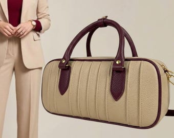 Gestructureerde tas, leren baguettetas, minimalistische handtas met handvat, elegante Boston-tas, handtas in vintage stijl, beige avondtas Bridget.