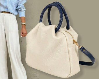 Beige Italian Leather Top Handle Bag, Soft Leather Handbag, Luxury Slouchy Hobo bag, Designer handbags,  Elegant Handmade Women Bag Utah.