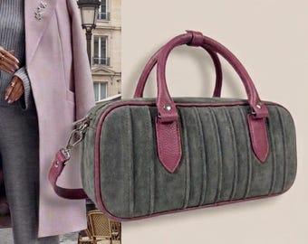 Structured Gray Bag, Leather Baguette Bag, Top handle Minimalist Purse, Elegant Boston Bag, Vintage Style Suede Handbag, Evening Bag Bridget