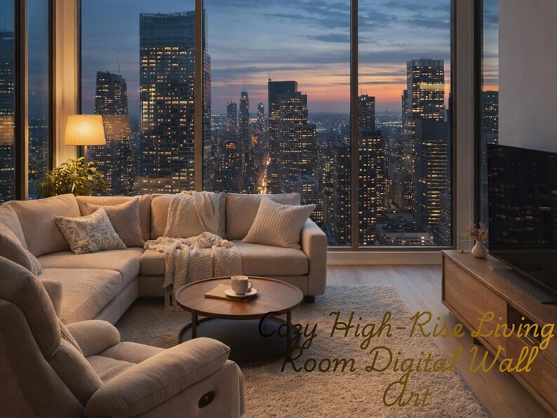 Picture of Cozy High Rise Living Room Wall Art, Modern Apartment Interior, Evening ...