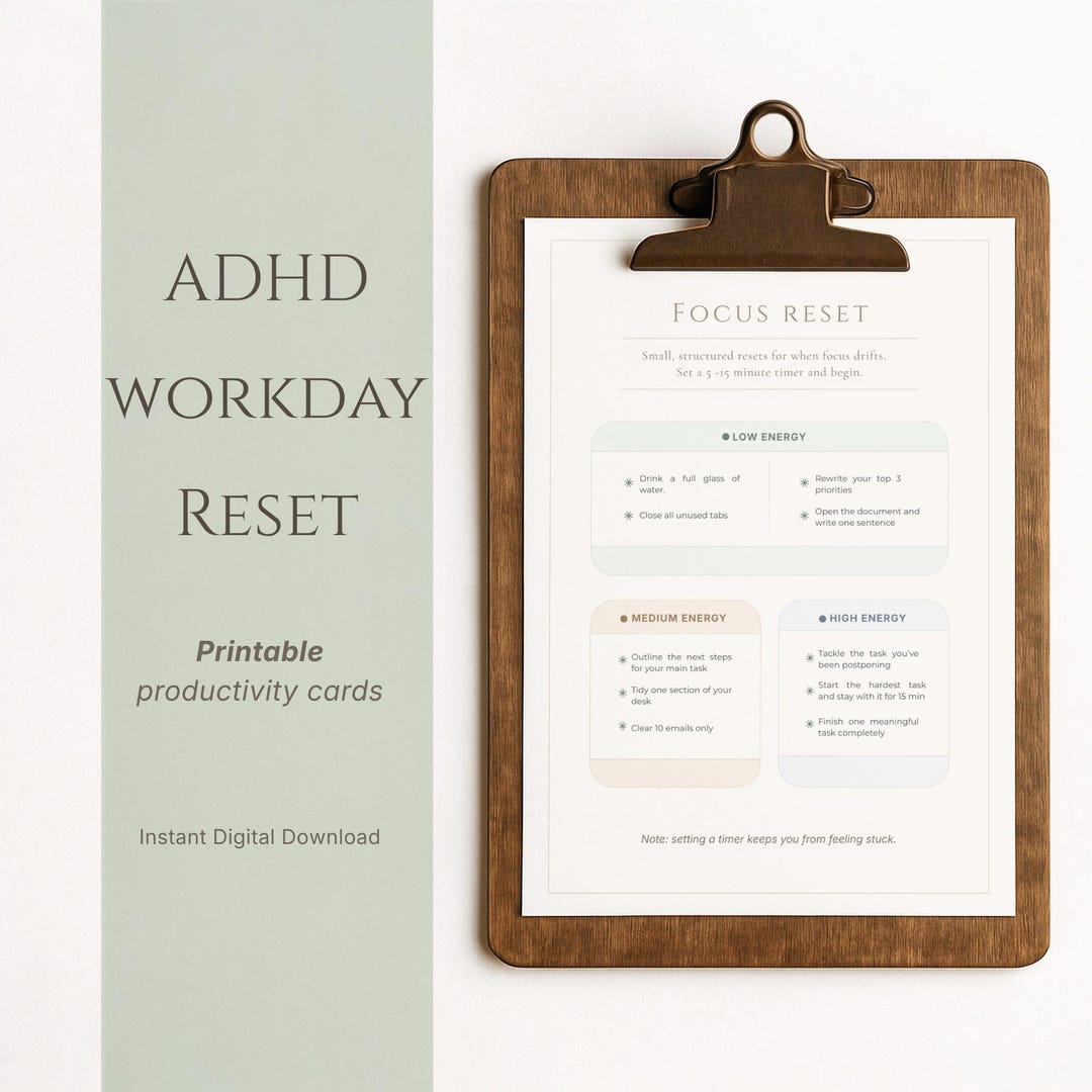 ADHD Workday Reset Productivity Cards | Focus Tool for Task Paralysis ...