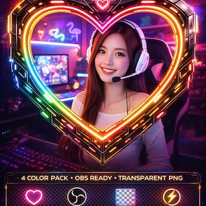 Neon Heart Webcam-ram | Cyberpunk Twitch Stream Overlay (4 färger, PNG, OBS-klar)