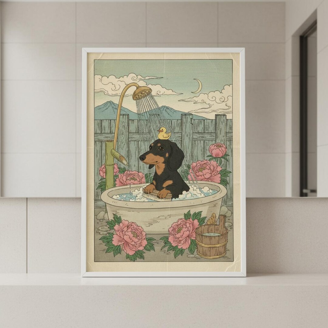 Dachshund Bathtub Wall Art Printable | Japanese Ukiyo-e Dog ...