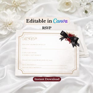 Könnte beinhalten: Eine cremefarbene RSVP-Karte mit goldenem Rand, verziert mit einer schwarzen Schleife und roten floralen Akzenten. Die Karte enthält Eingabeaufforderungen für Name, Antwort und Essenspräferenzen. Auf der Karte steht "Editable in Canva", "RSVP" und "Instant Download".