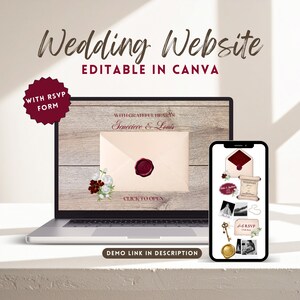 Burgundy Wedding Website Template, Editable Canva Wedding Website with RSVP, Elegant Digital Invitation, Romantic Burgundy Floral Design